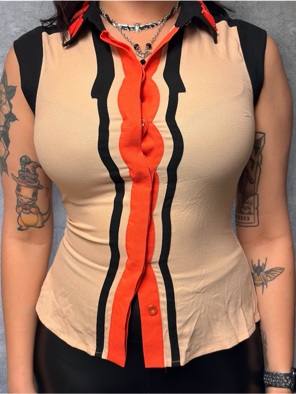 Vero Moda Beige Sleeveless Button-Front Top with Orange & Black Stripe